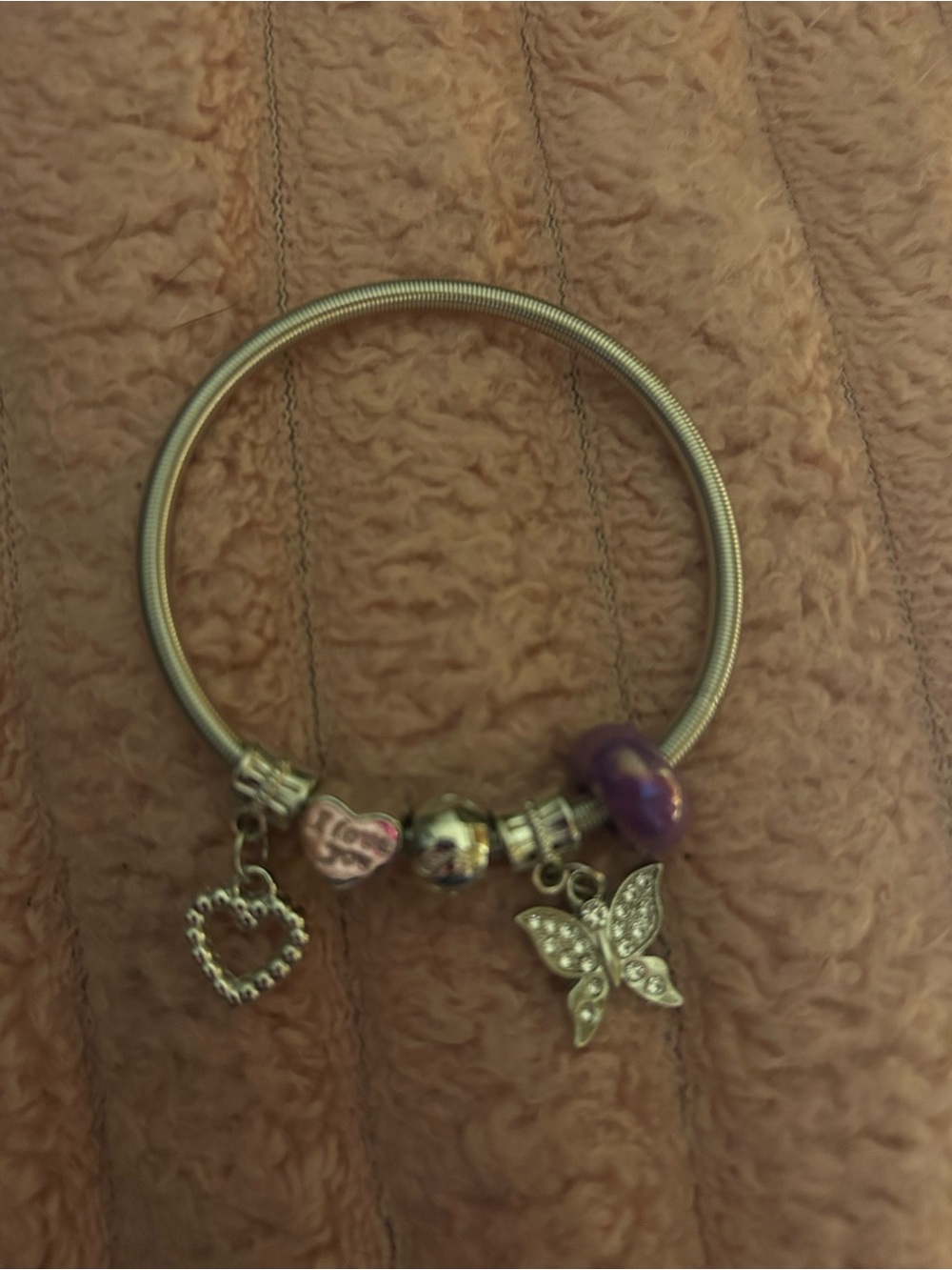 Silver Charm Bracelet with Purple Glass Bead, Heart & Butterfly Charms